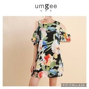 UMGEE Tropical‎ Floral Mini Dress Cold Shoulder Flowy Summer Travel Size MEDIUM
